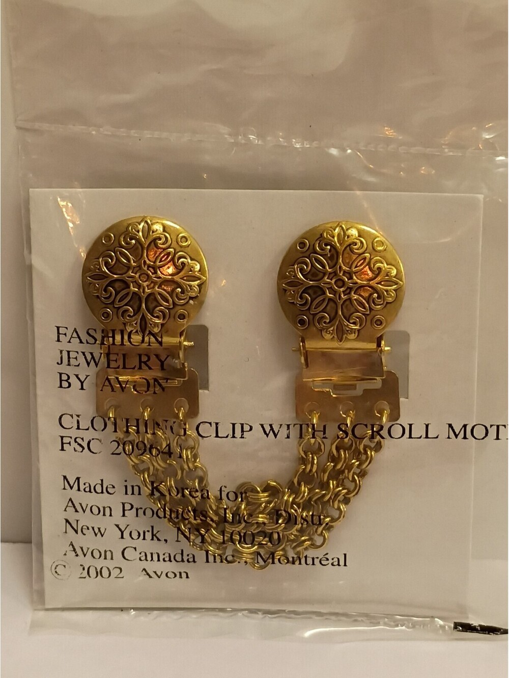 Vintage Avon Scarf Clips Goldtone Swirls Chain Costume Jewelry